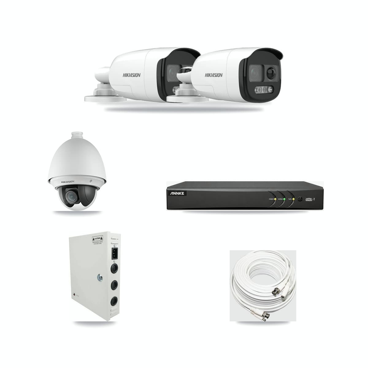 Hikvision & ANNKE 4-Channel 2MP – 5MP CCTV Kit — 1 DS-2AE4225T 2MP PTZ + 2 DS-2CE12KF3T 5MP Bullet Cameras + 3TB Recording - Image 1