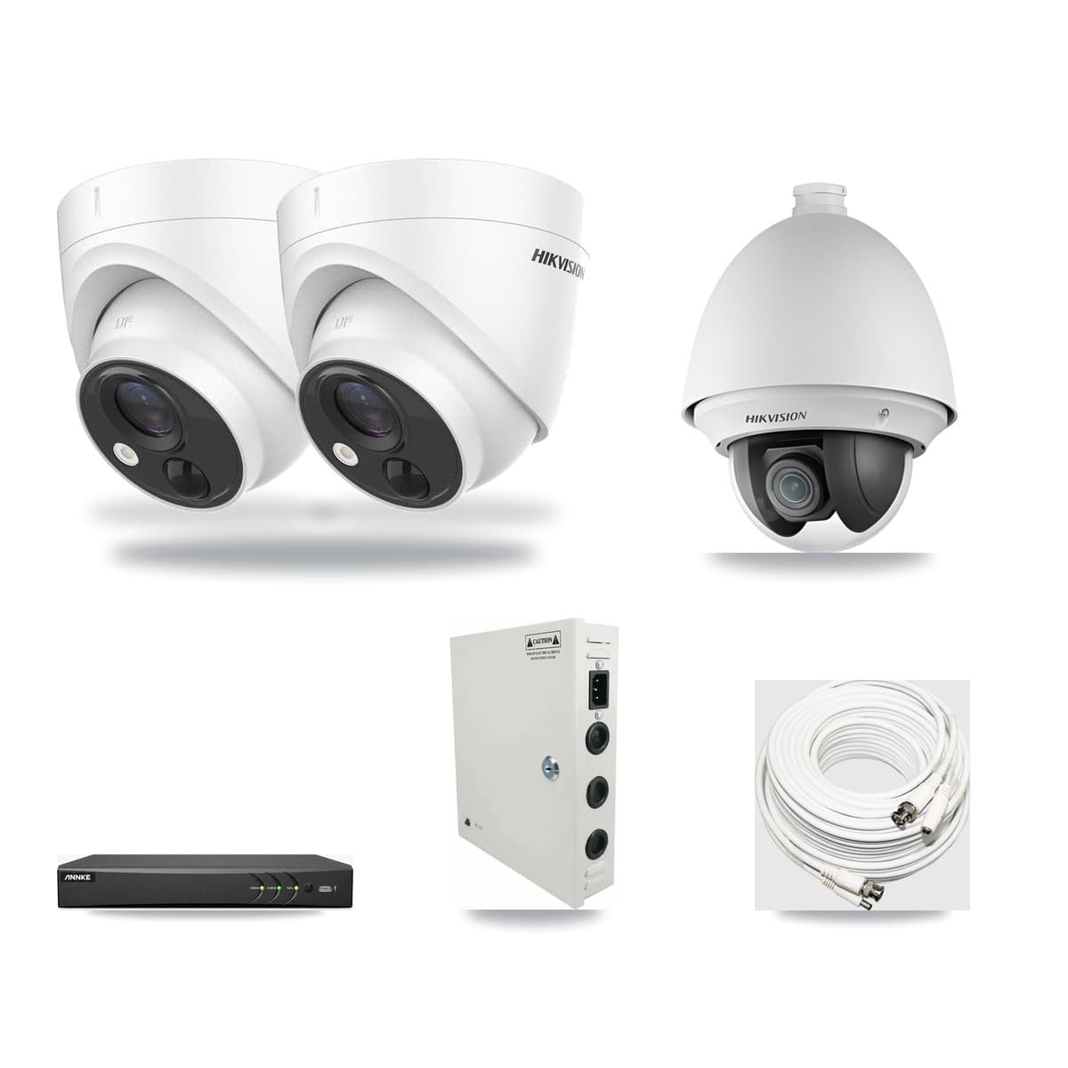 Hikvision & ANNKE 4-Channel 2MP – 5MP CCTV Kit — 1 DS-2AE4225T 2MP PTZ + 2 DS-2CE71H0T 5MP Turret Cameras + 3TB Recording - Image 1