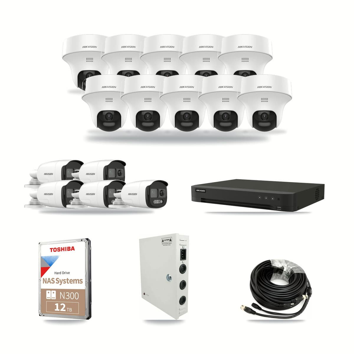 Hikvision 16-channel CCTV kit: 15 cameras (10× 5MP Turret + 5× 5MP Bullet), 12TB hard drive