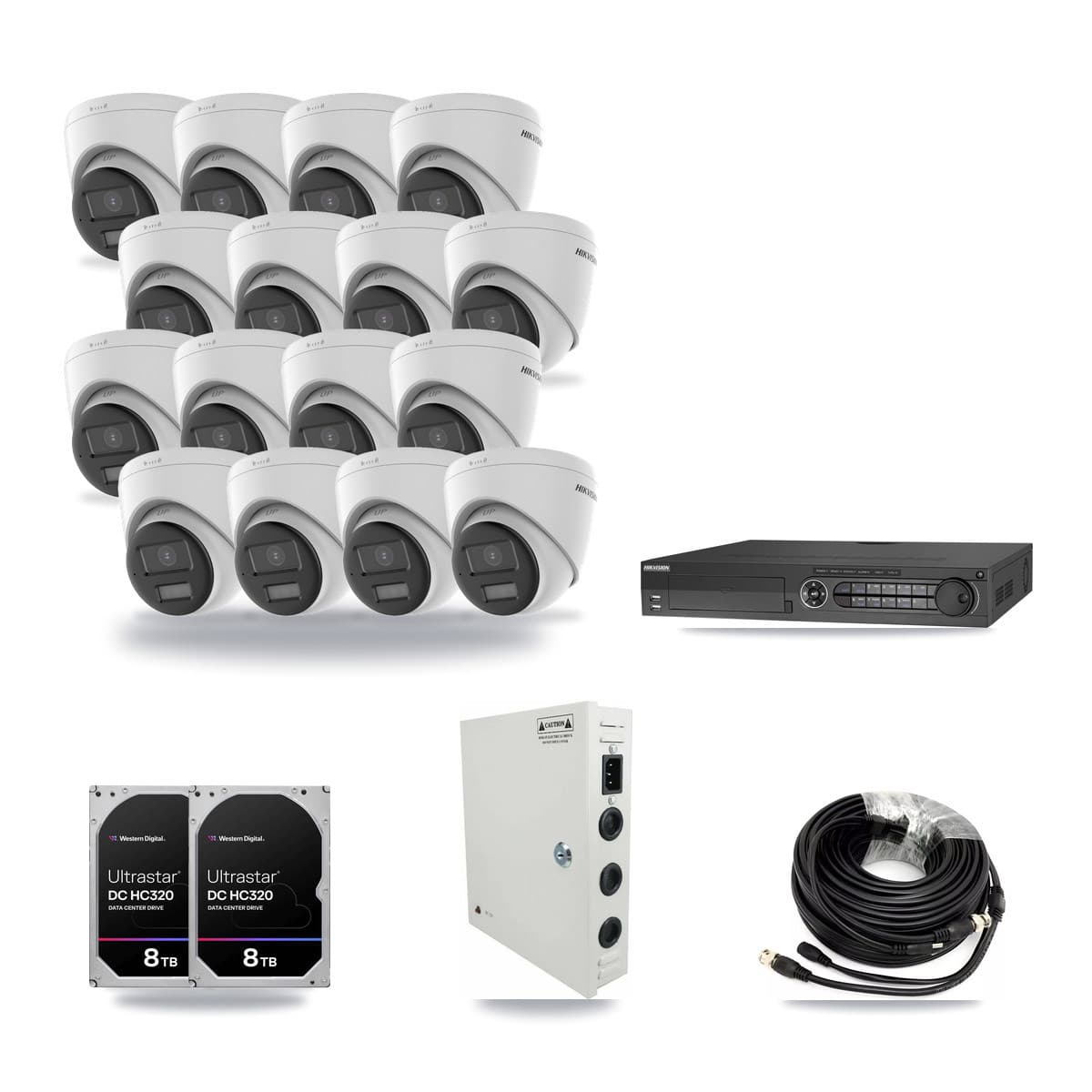Hikvision 32-channel CCTV kit: 16 cameras (16× 4K Turret), 2× 8TB hard drive