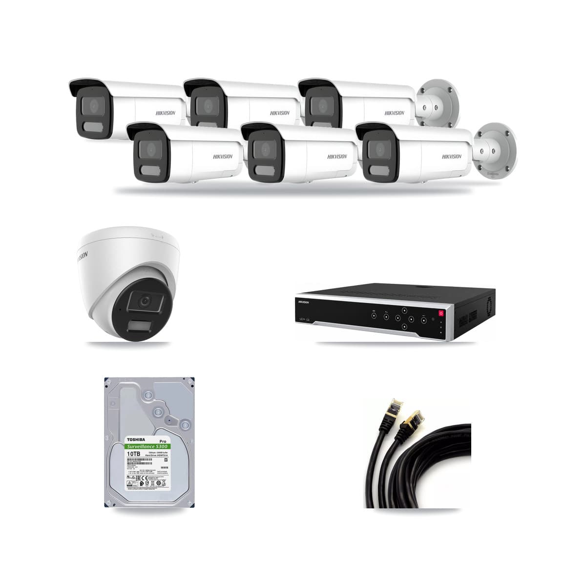Hikvision 32-channel CCTV kit: 7 cameras (6× 4MP Bullet + 1× 4MP Turret), 10TB hard drive