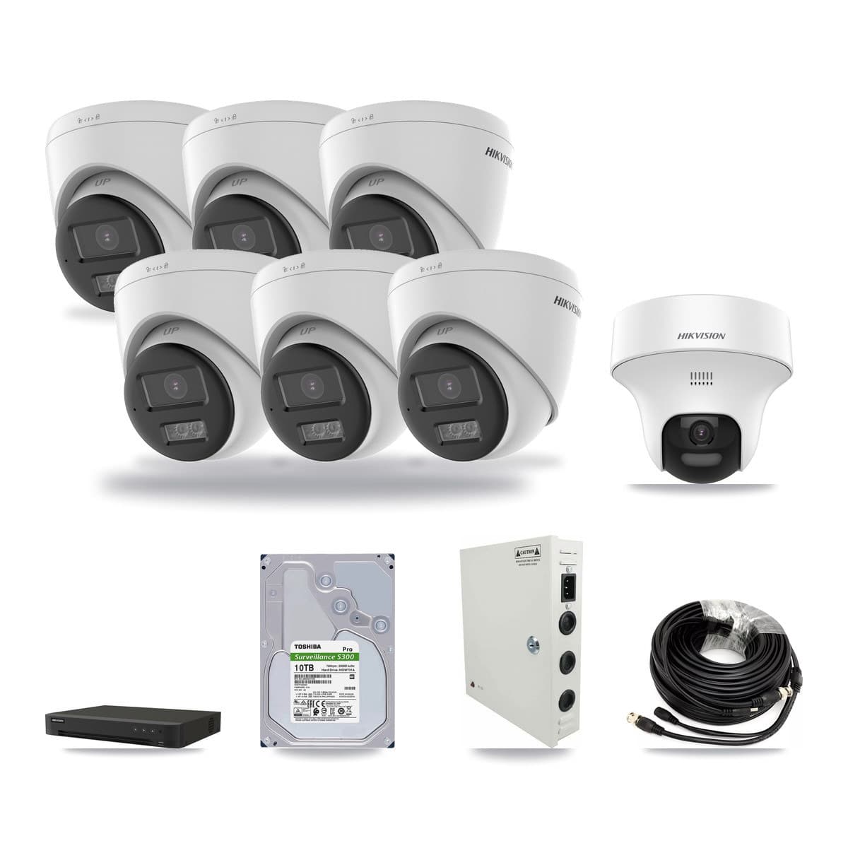 Hikvision 16-channel CCTV kit: 7 cameras (6× 5MP Turret DS-2CE78K0T + 1× 5MP Turret DS-2CE70K0T), 10TB hard drive