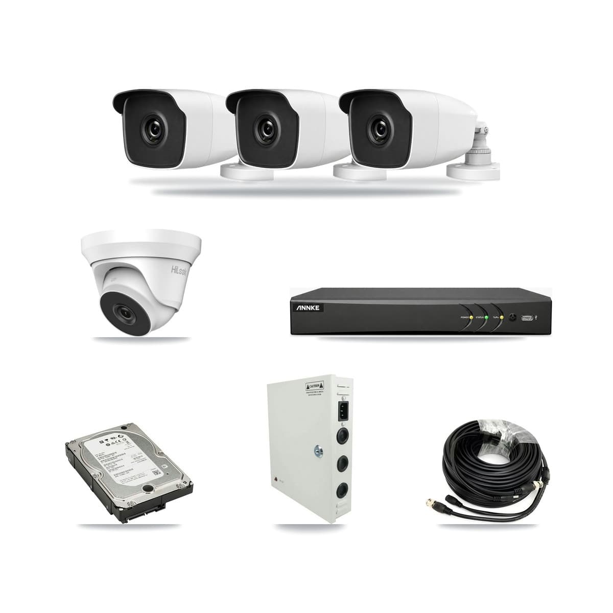 HiLook & ANNKE 4-Channel 3MP – 4MP CCTV Kit — 3 3MP Bullet + 1 4MP Turret Cameras + 5TB Recording - Image 1