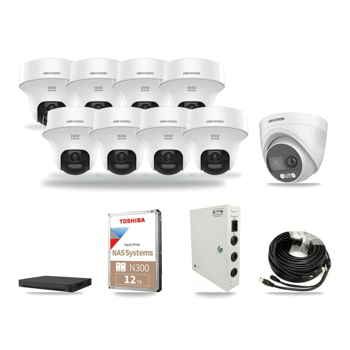 Hikvision 32-channel CCTV kit: 9 cameras (8× 5MP Turret DS-2CE70K0T + 1× 5MP Turret DS-2CE72KF3T), 12TB hard drive
