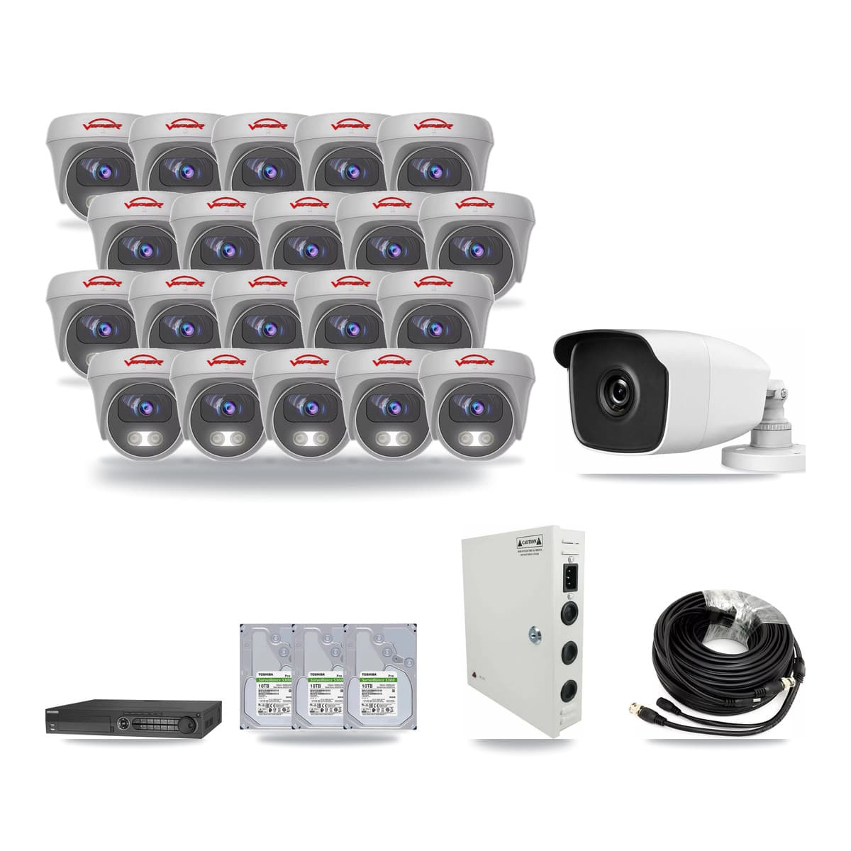 32-Channel 3MP – 5MP CCTV Kit — 1 3MP Bullet + 20 5MP Cameras + 3× 10TB Recording - Image 1