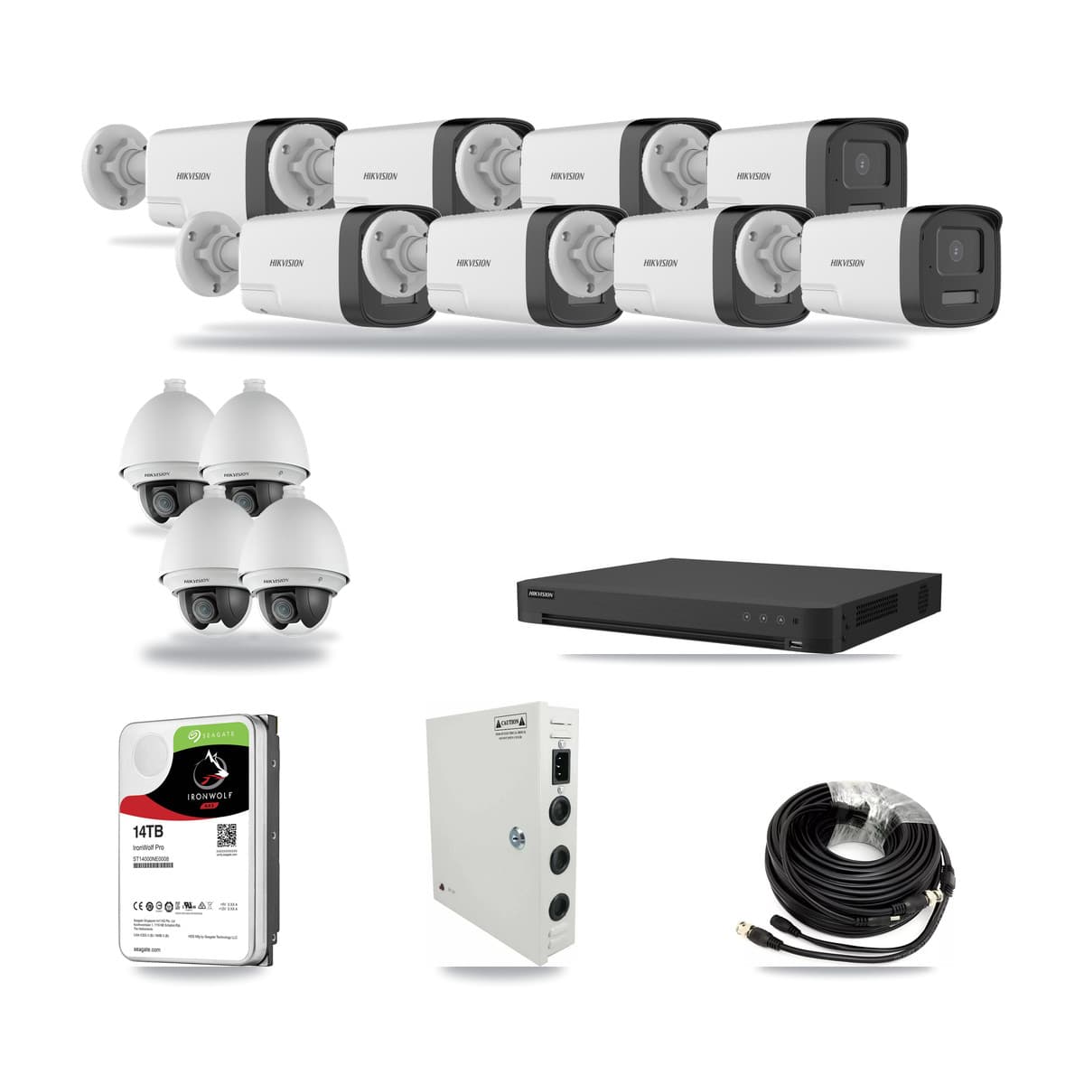 Hikvision 16-channel CCTV kit: 12 cameras (8× 5MP Bullet + 4× 2MP PTZ), 14TB hard drive