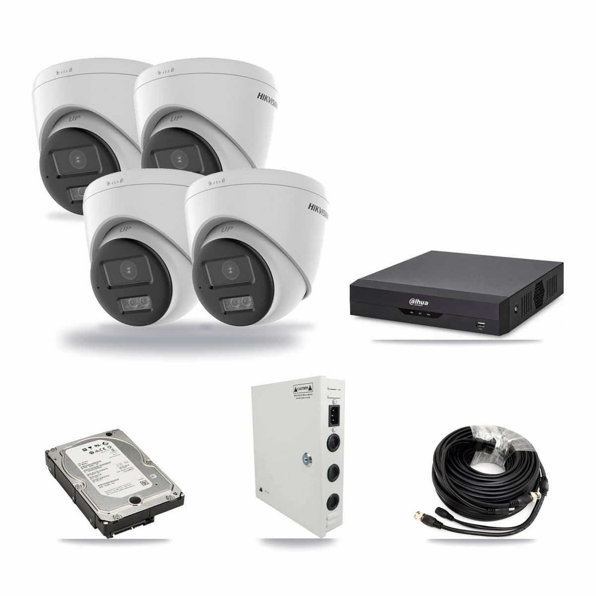 Hikvision & Dahua 4-Channel 5MP CCTV Kit — 4 DS-2CE78K0T-LTS Turret Cameras + 5TB Recording (DH-XVR5104HS-4KL-I2 Recorder) - Image 1
