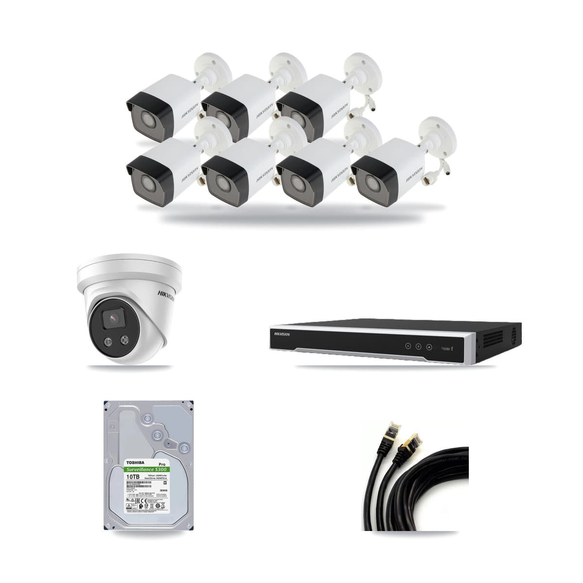 Hikvision 16-channel CCTV kit: 8 cameras (7× 5MP Bullet + 1× 5MP Turret), 10TB hard drive