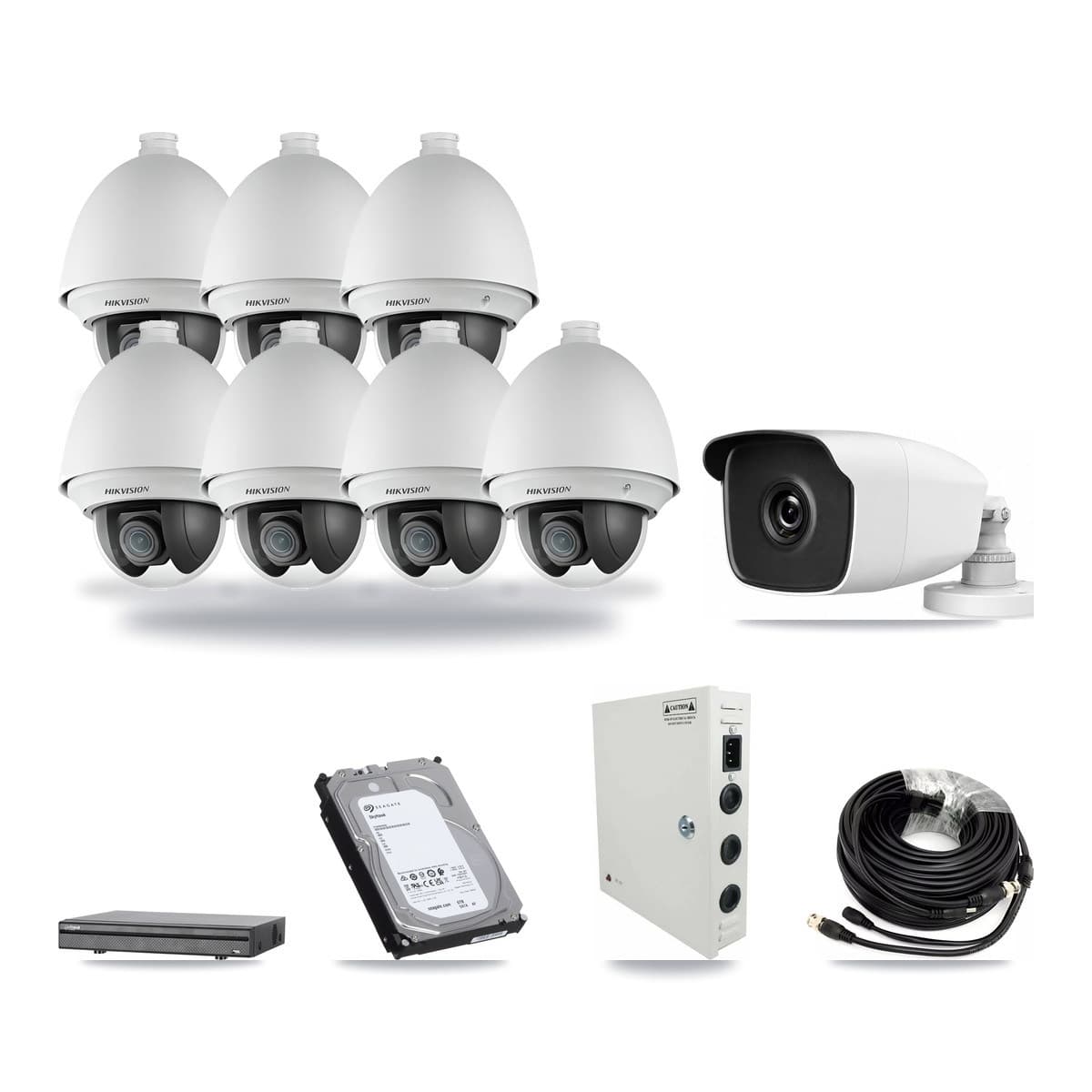 8-Channel 2MP – 3MP CCTV Kit — 7 2MP PTZ + 1 3MP Bullet Cameras + 6TB Recording (DH-XVR5108H Recorder) - Image 1