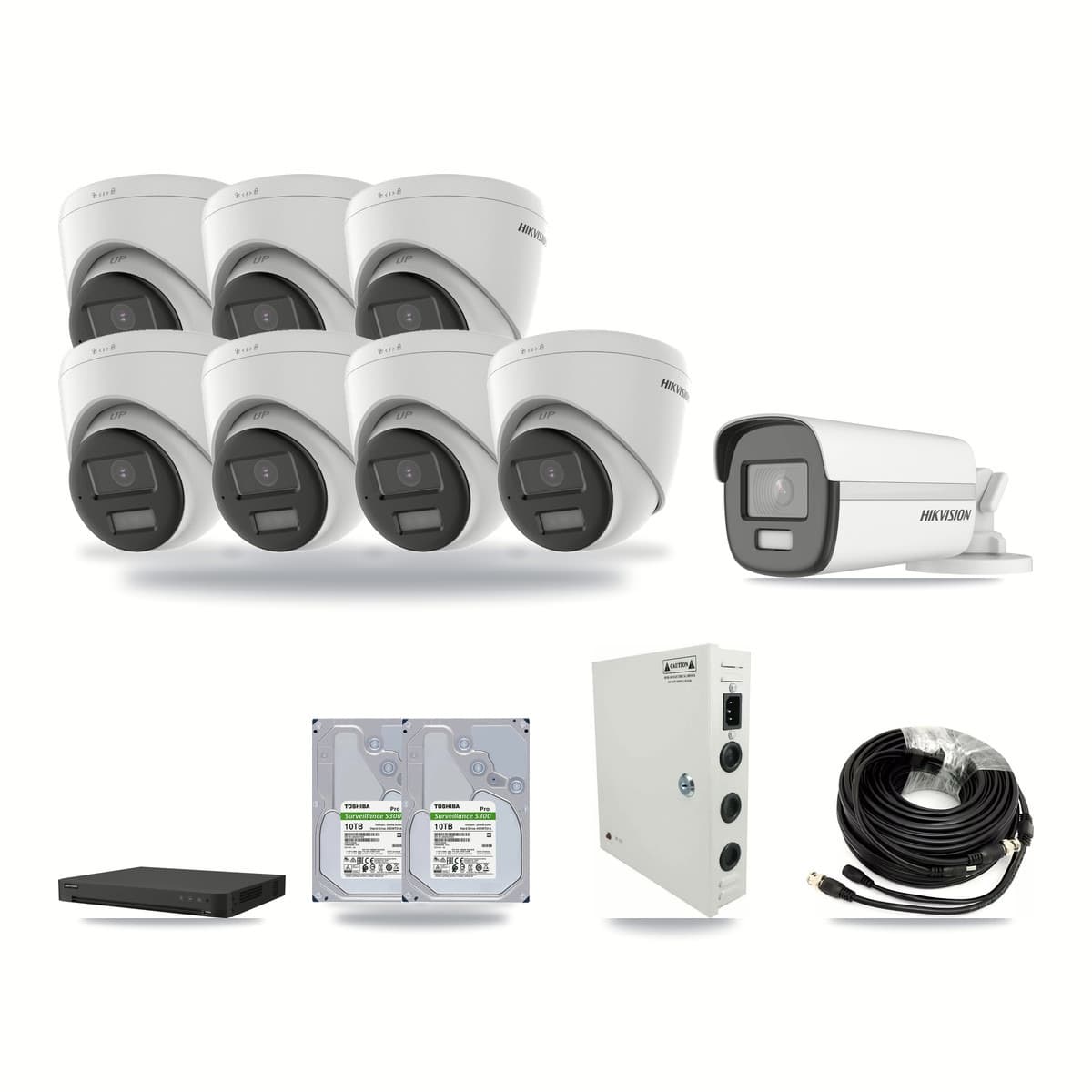 Hikvision 16-channel CCTV kit: 8 cameras (7× 4K Turret + 1× 4K Bullet), 2× 10TB hard drive