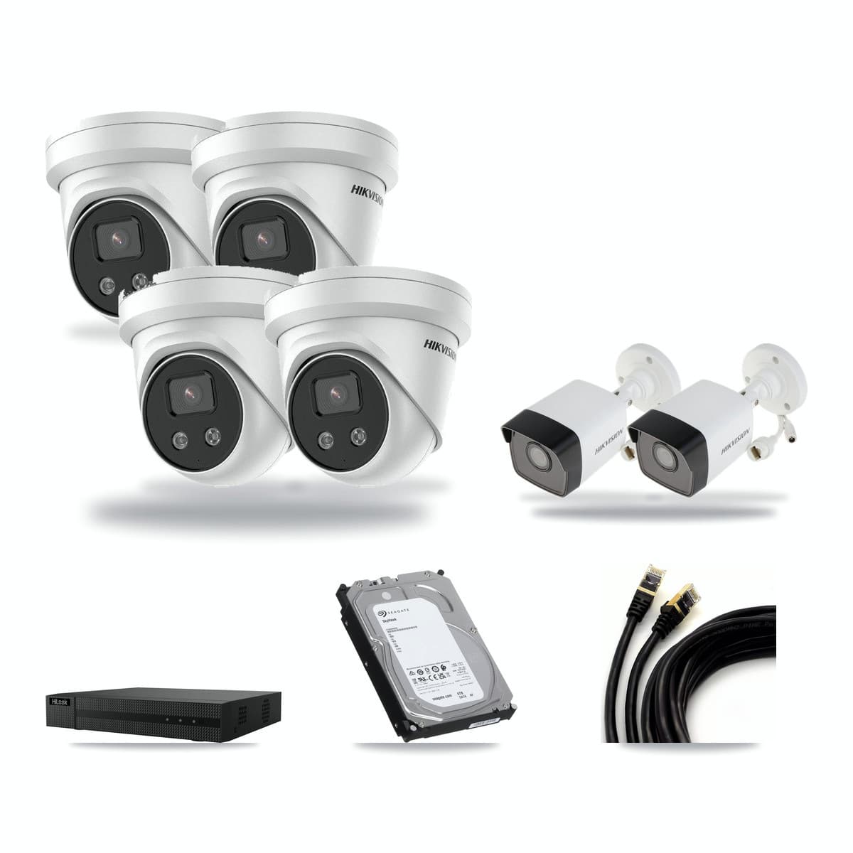 HiLook 8-channel CCTV kit: 6 cameras (4× 5MP Turret + 2× 5MP Bullet), 6TB hard drive