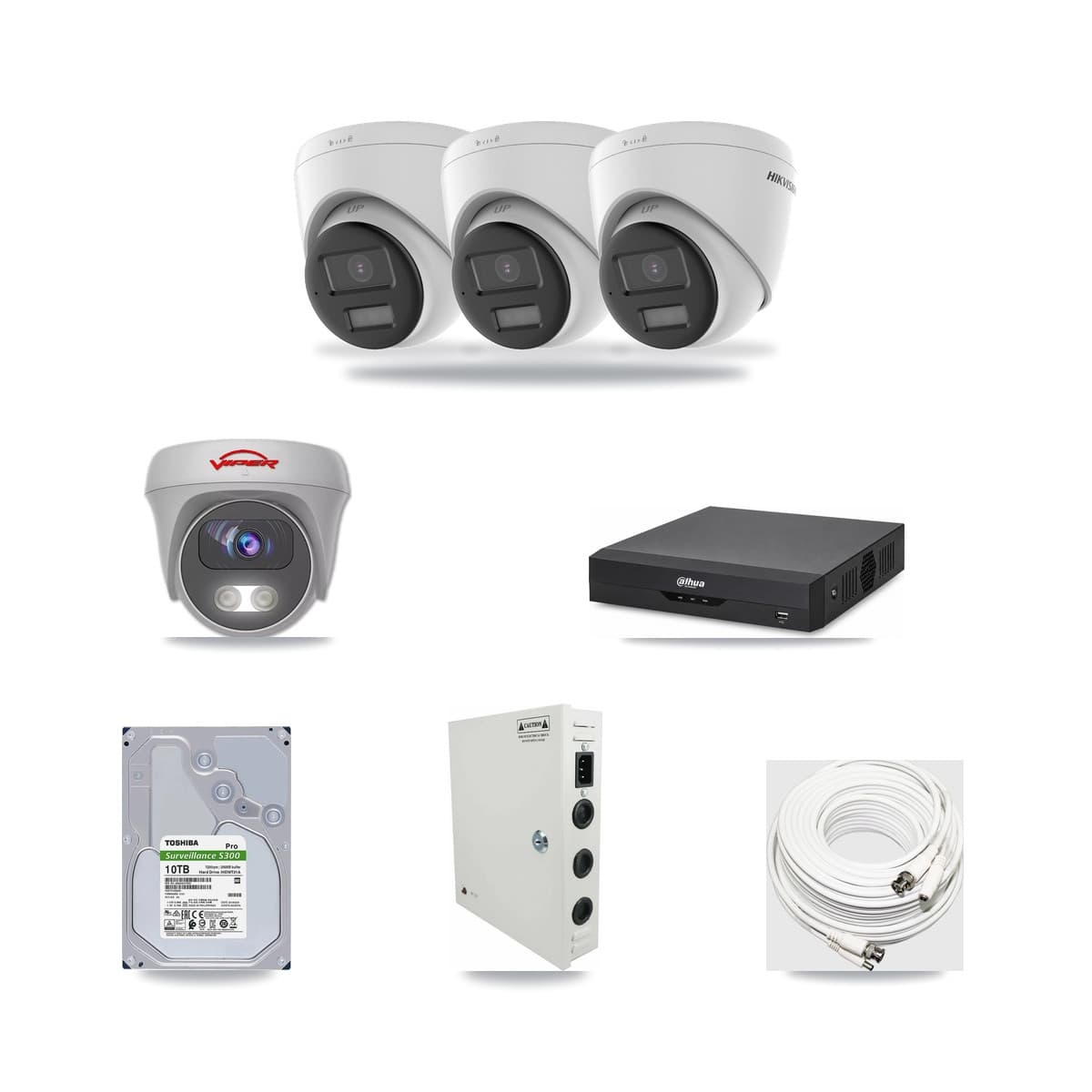 4-Channel 5MP – 4K CCTV Kit — 3 4K Turret + 1 White 5MP Cameras + 10TB Recording (DH-XVR5104HS Recorder) - Image 1