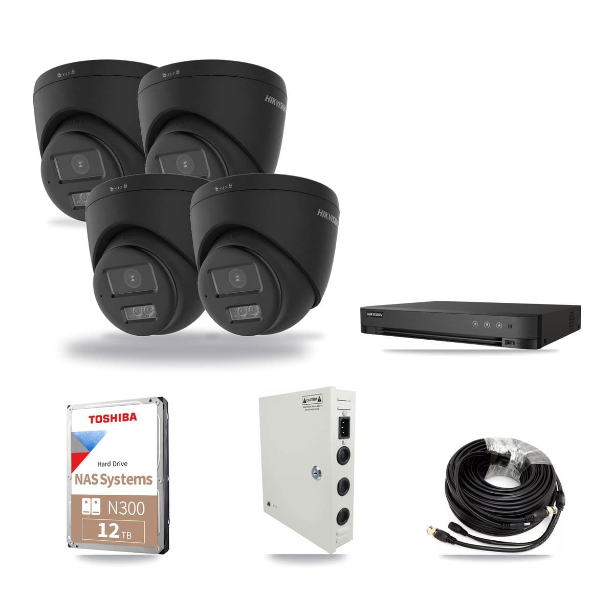 Hikvision 4-channel CCTV kit: 4 cameras (4× 4K Turret), 12TB hard drive