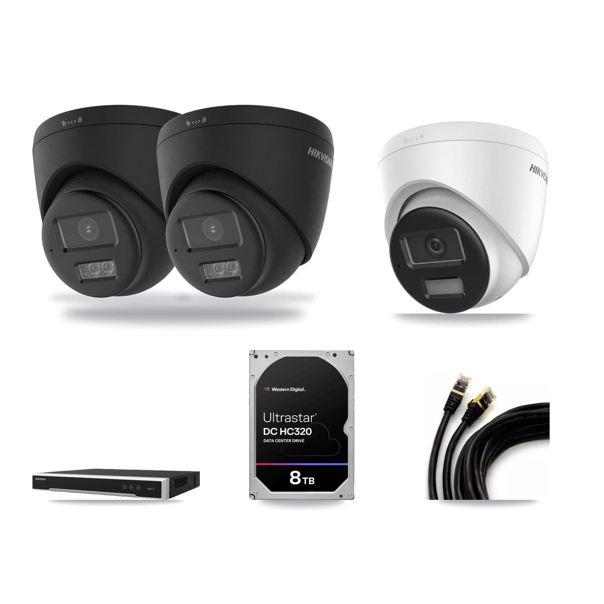 Hikvision 8-channel CCTV kit: 3 cameras (2× 4K Turret DS-2CD1383G2-LIUF/SL-BLACK + 1× 4K Turret DS-2CD1383G2-LIUF/SL), 8TB hard drive