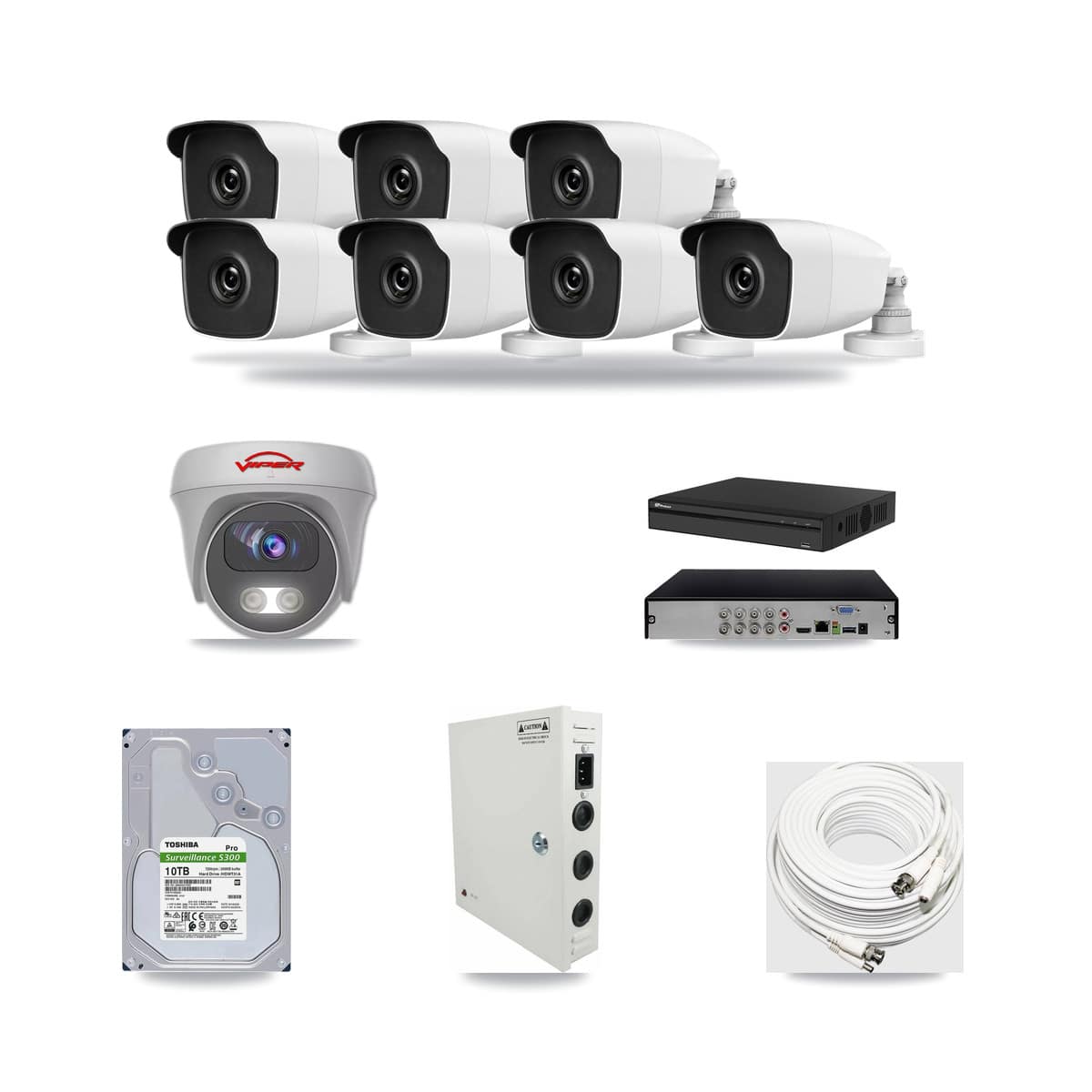 8-Channel 3MP – 5MP CCTV Kit — 7 3MP Bullet + 1 White 5MP Cameras + 10TB Recording (PXD-5108HS Recorder) - Image 1