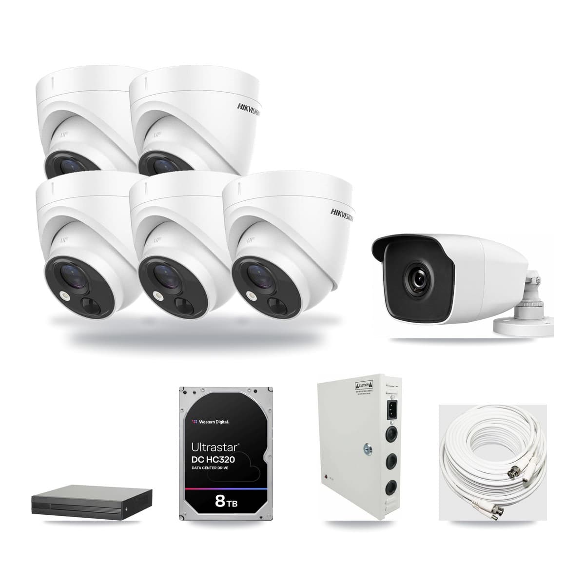 8-Channel 3MP – 5MP CCTV Kit — 5 Hikvision DS-2CE71H0T 5MP Turret + 1 HiLook THC-B230-R 3MP Bullet Cameras + 8TB Recording - Image 1