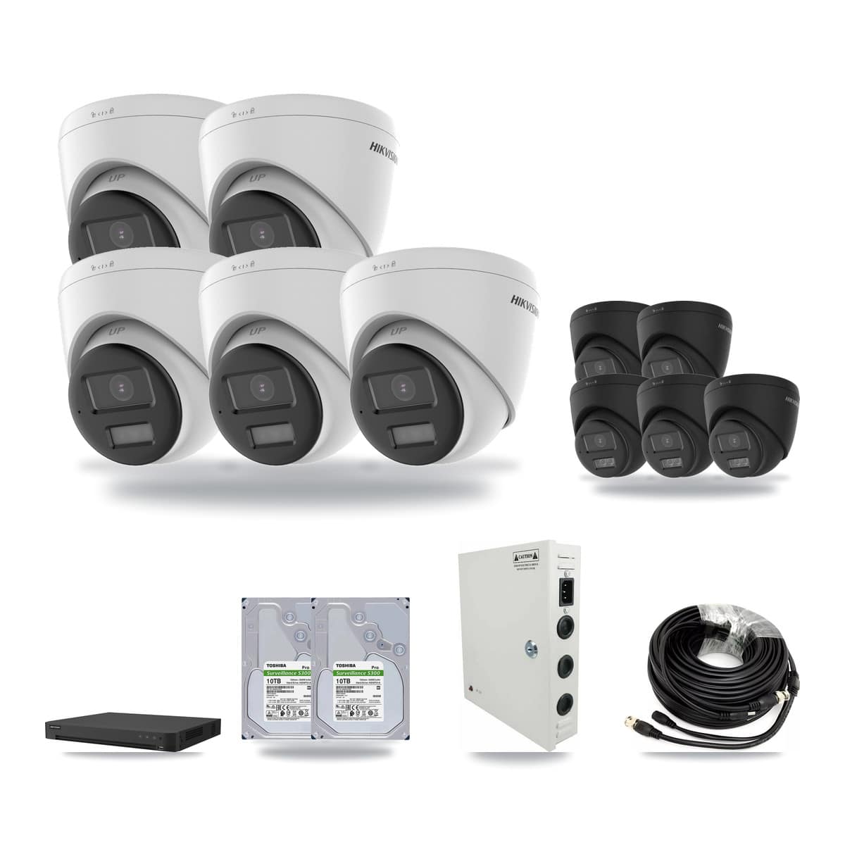Hikvision 16-channel CCTV kit: 10 cameras (5× 5MP Turret + 5× 4K Turret), 2× 10TB hard drive