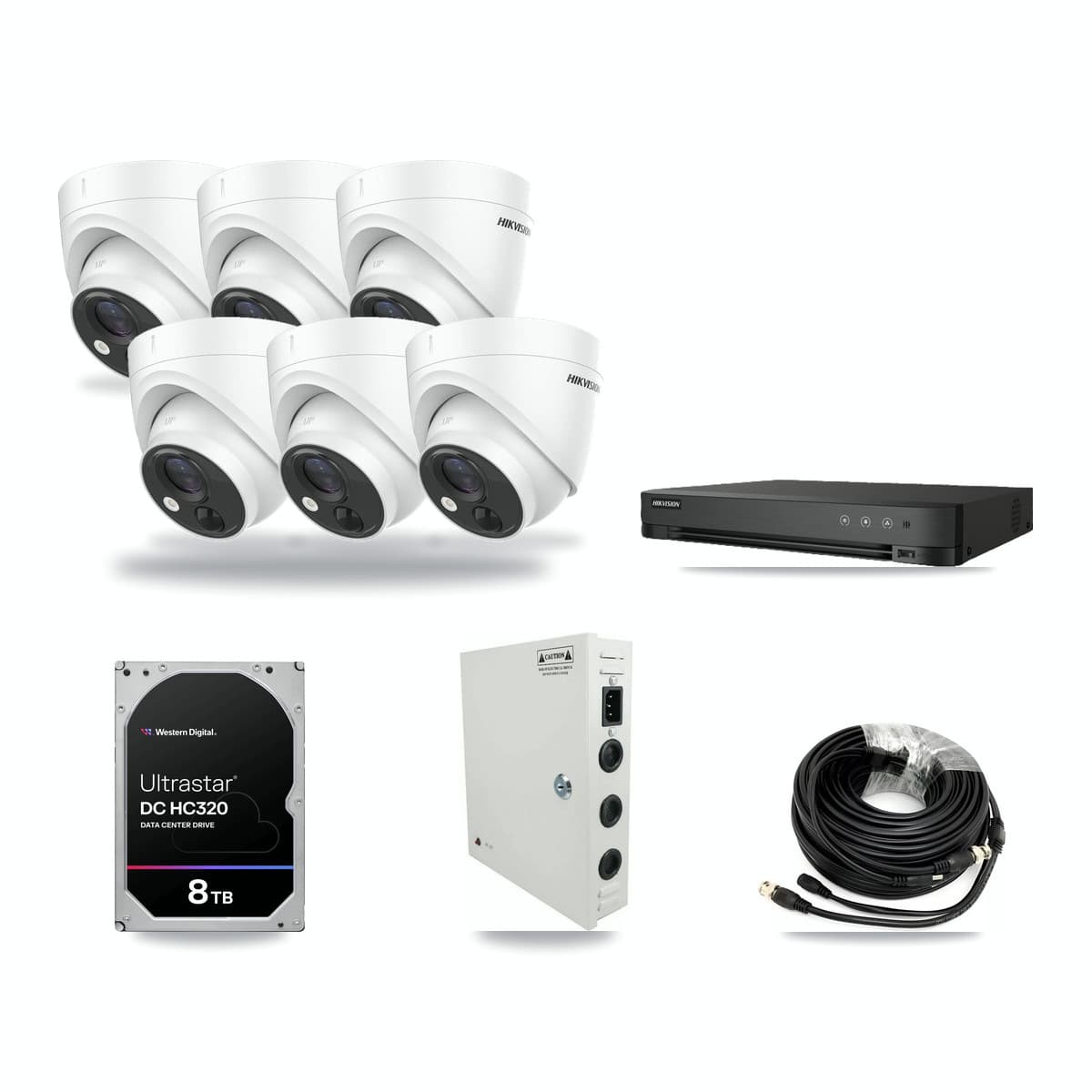 Hikvision 8-Channel 5MP CCTV Kit — 6 DS-2CE71H0T-PIRLO Turret Cameras + 8TB Recording (IDS-7208HUHI-M1/E Recorder) - Image 1