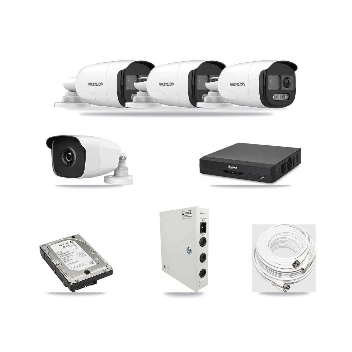 4-Channel 3MP – 5MP CCTV Kit — 3 5MP + 1 3MP Bullet Cameras + 5TB Recording (DH-XVR5104HS Recorder) - Image 1