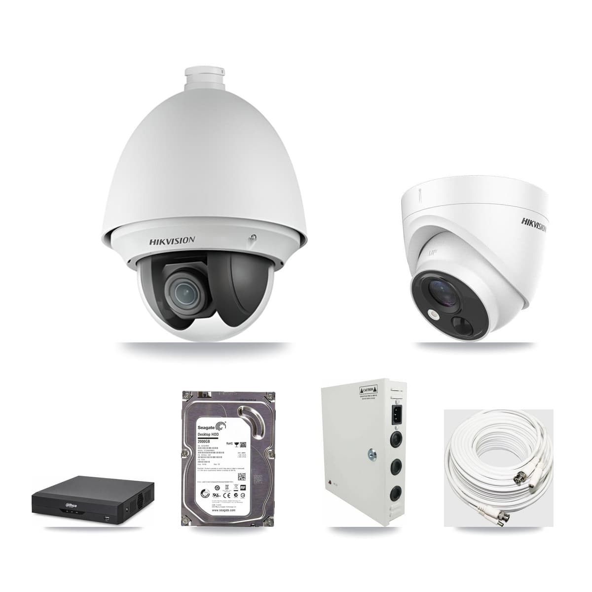 Hikvision & Dahua 4-Channel 2MP – 5MP CCTV Kit — 1 DS-2AE4225T 2MP PTZ + 1 DS-2CE71H0T 5MP Turret Cameras + 2TB Recording - Image 1