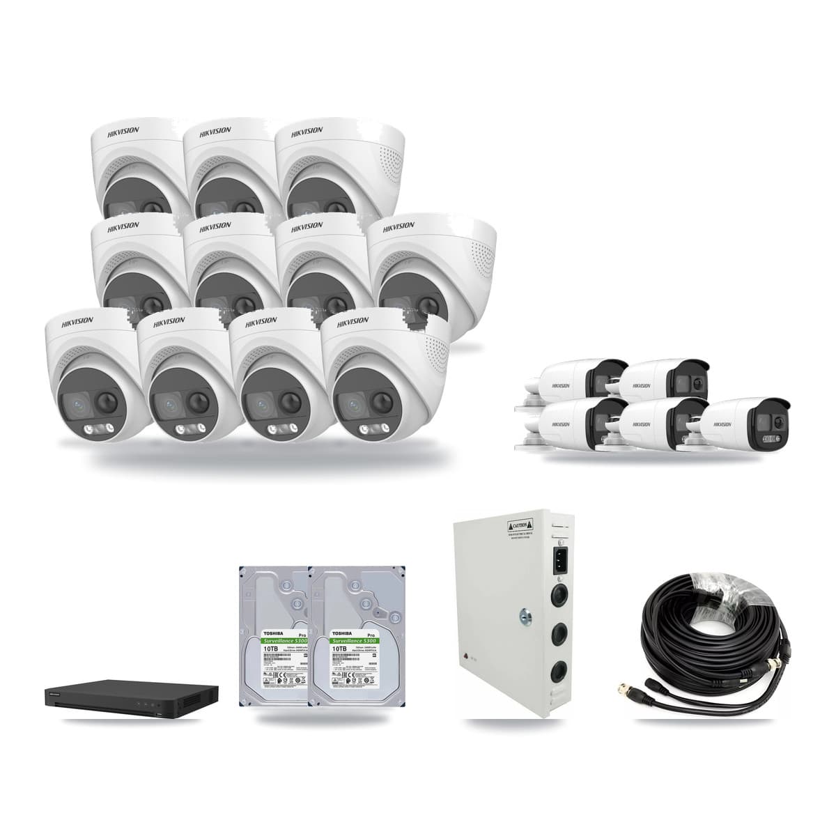 Hikvision 16-channel CCTV kit: 16 cameras (11× 5MP Turret + 5× 5MP Bullet), 2× 10TB hard drive