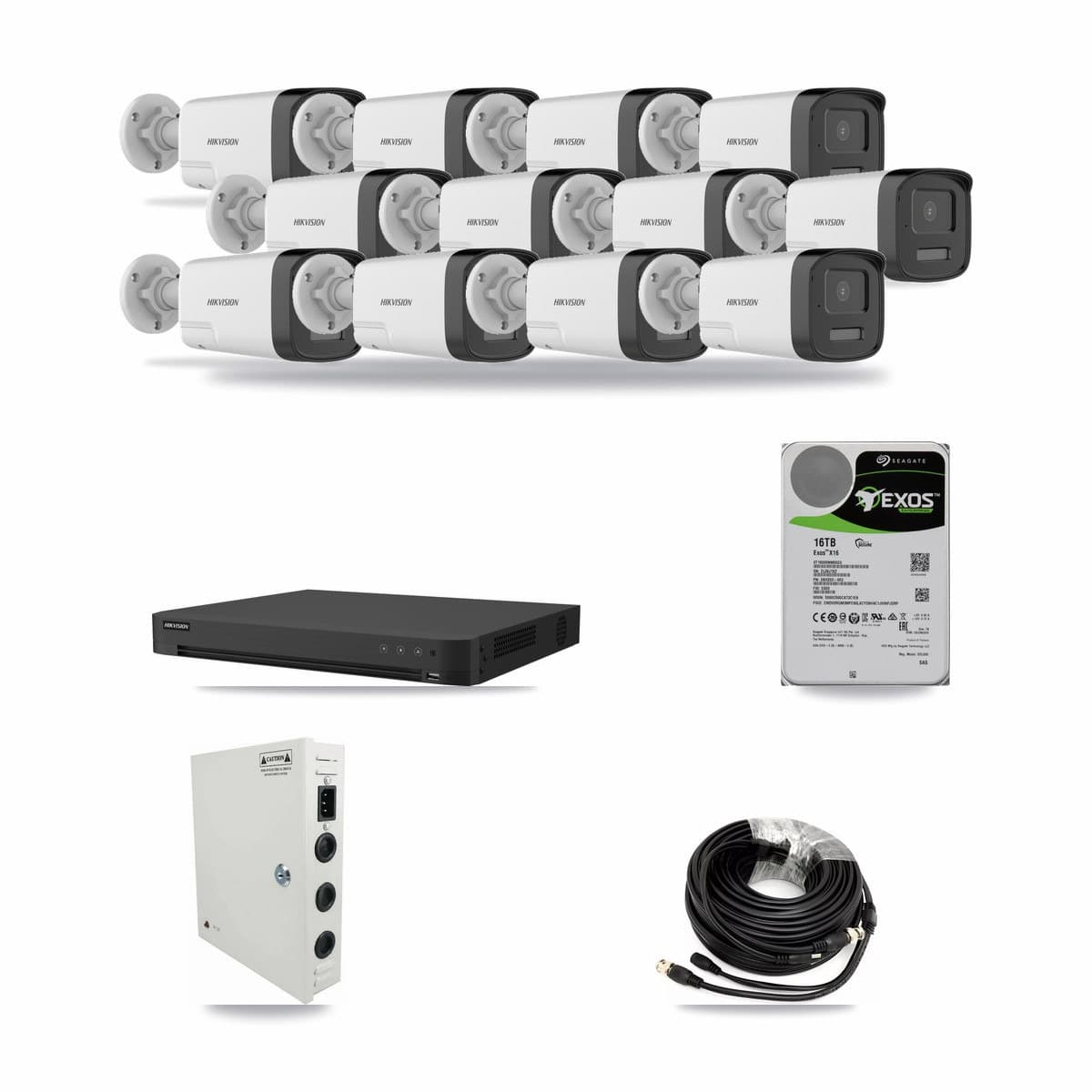 Hikvision 16-channel CCTV kit: 12 cameras (12× 5MP Bullet), 16TB hard drive
