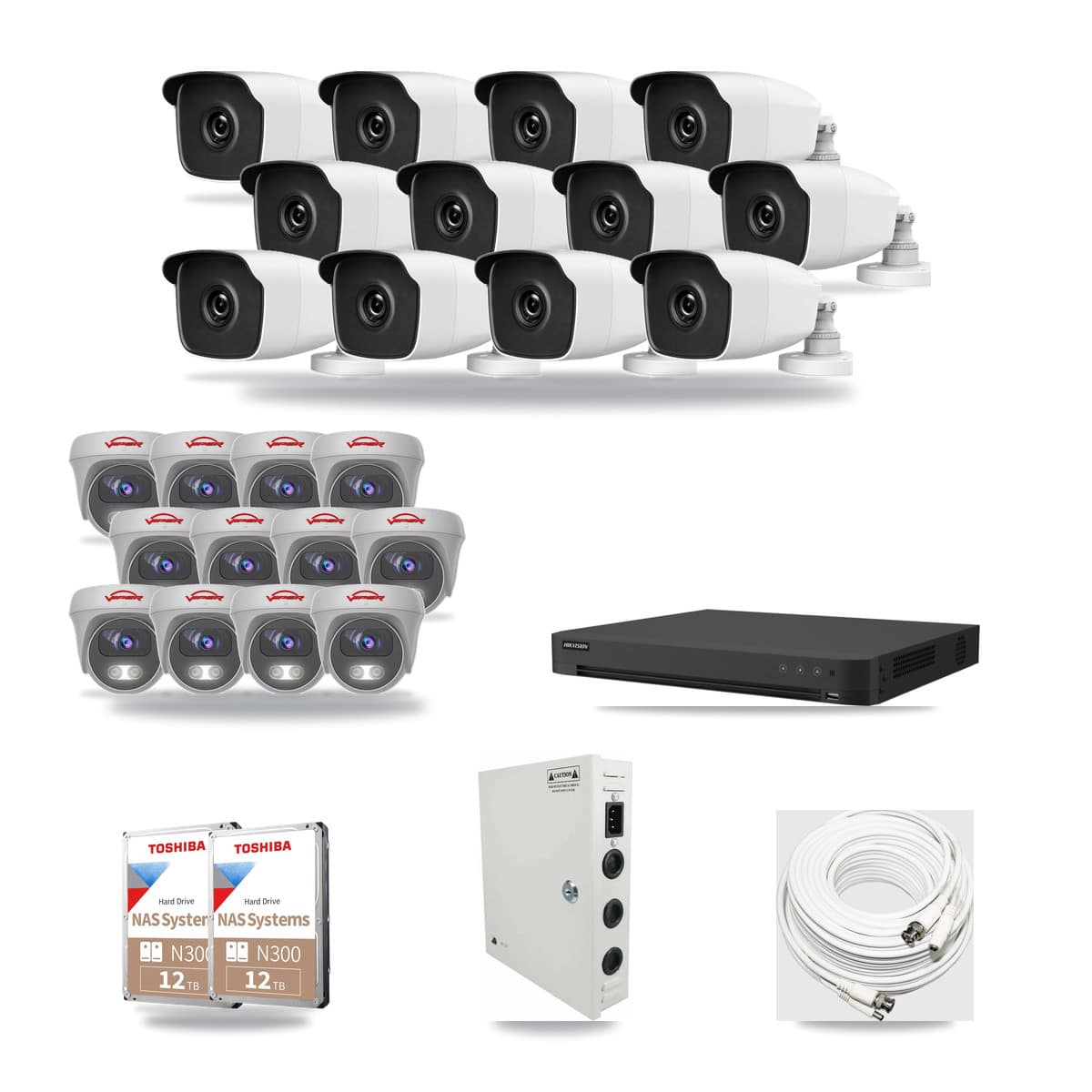 32-Channel 3MP – 5MP CCTV Kit — 12 3MP Bullet + 12 5MP Cameras + 2× 12TB Recording - Image 1