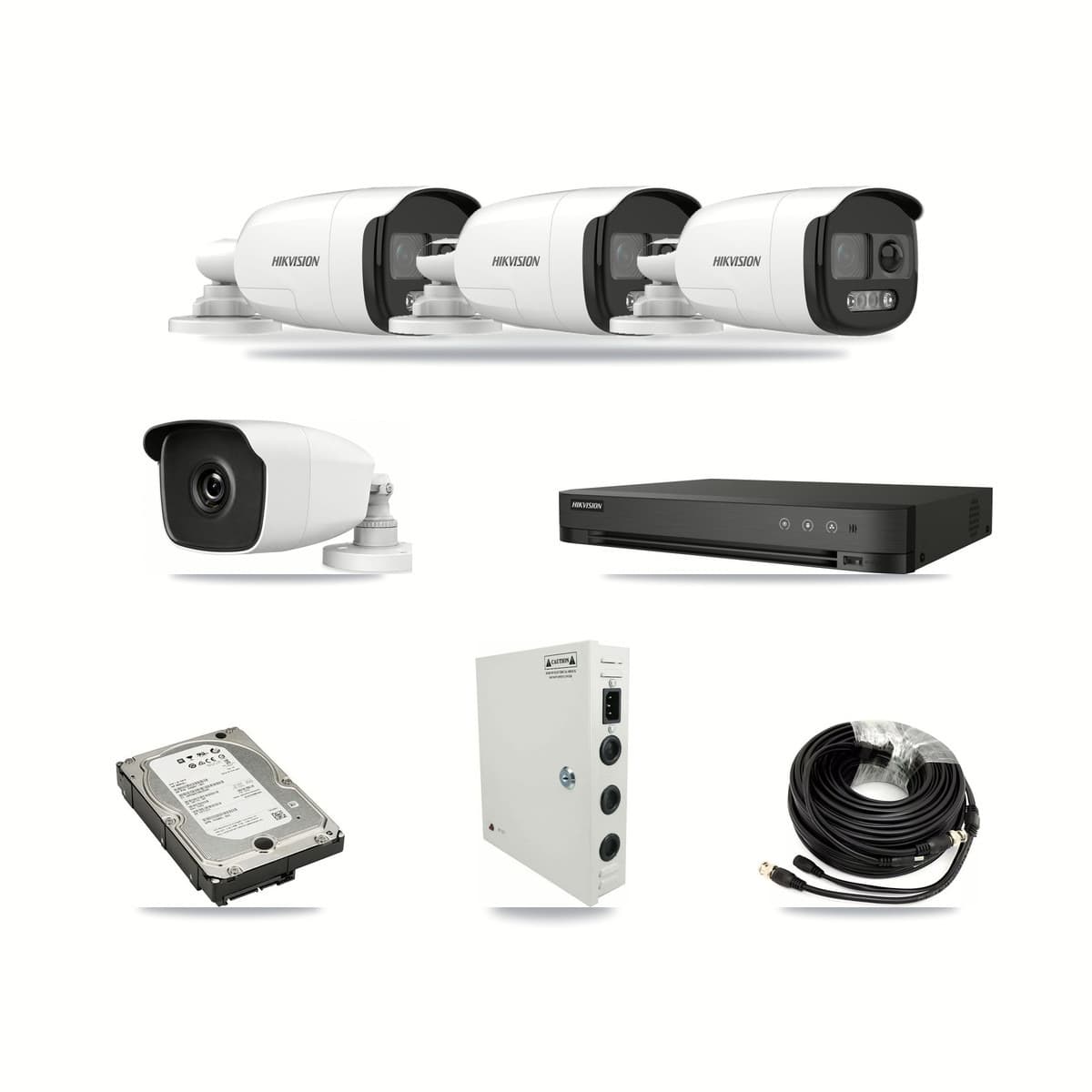 Hikvision 4-channel CCTV kit: 4 cameras (3× 5MP Bullet + 1× 3MP Bullet), 5TB hard drive