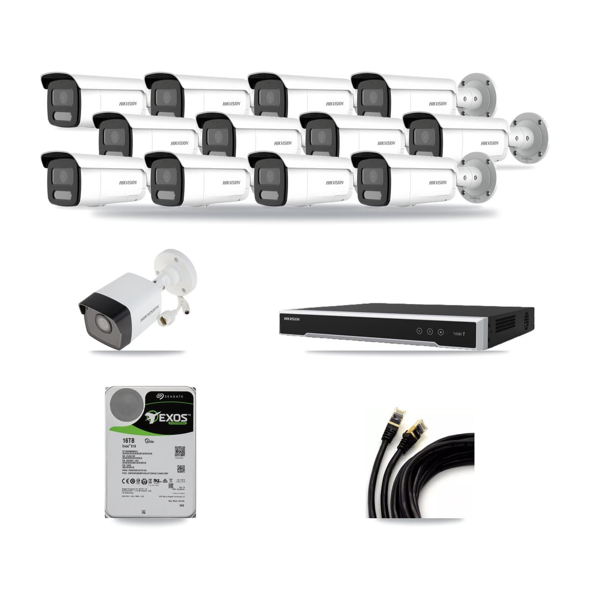 Hikvision 16-channel CCTV kit: 13 cameras (12× 4MP Bullet + 1× 5MP Bullet), 16TB hard drive