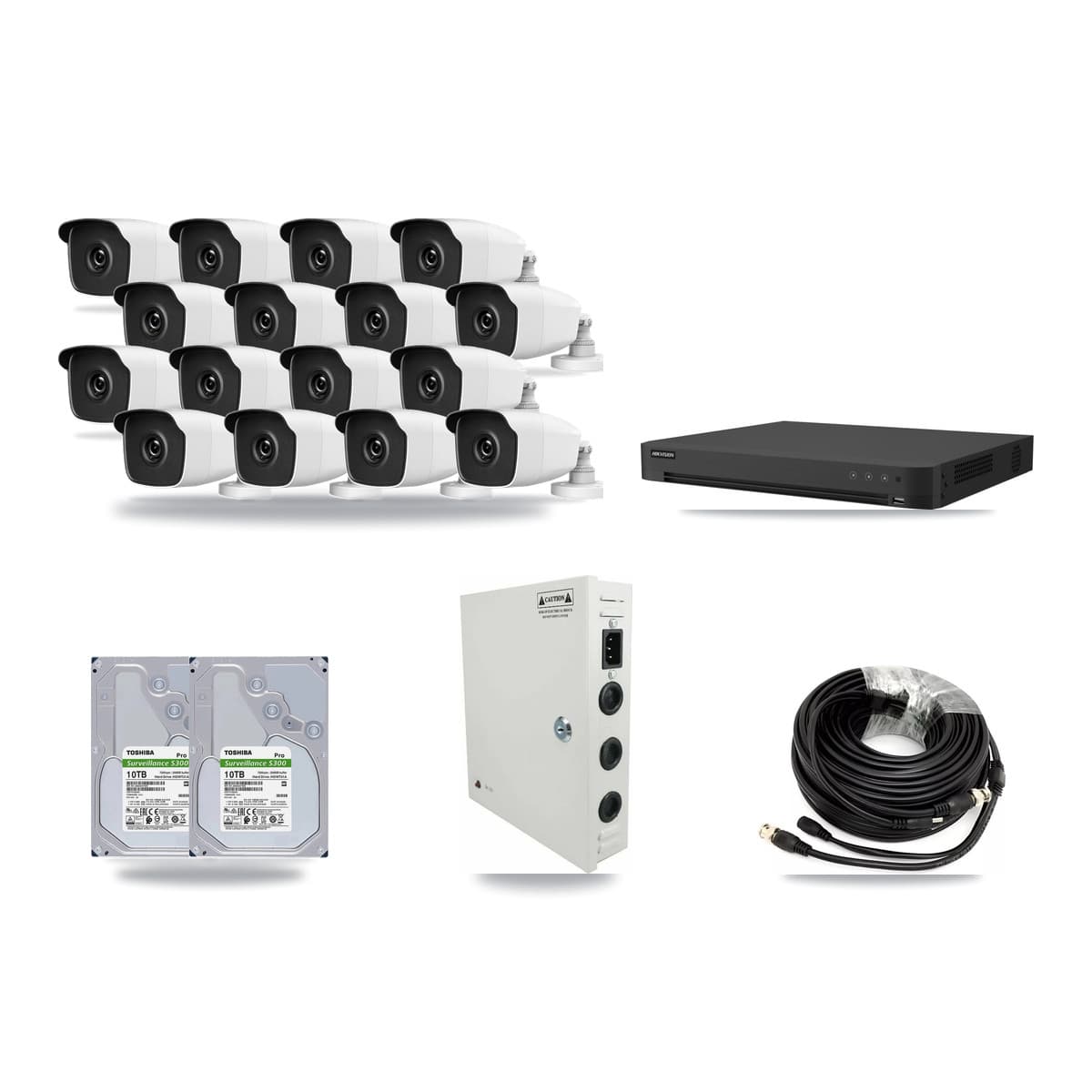 Hikvision 16-channel CCTV kit: 16 cameras (16× 3MP Bullet), 2× 10TB hard drive