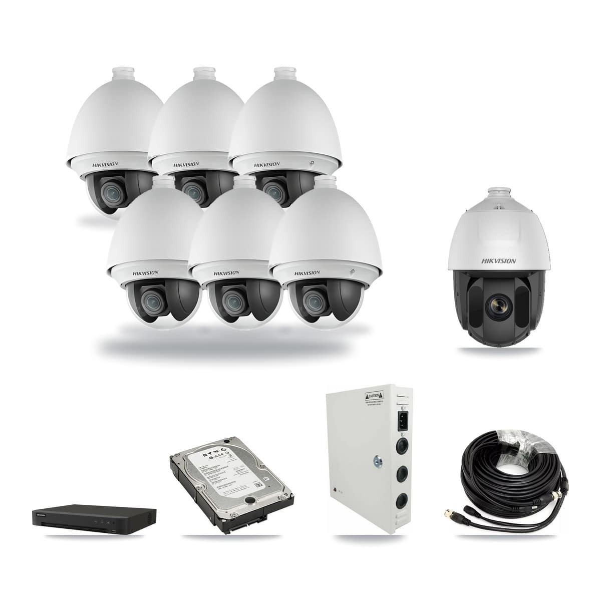 Hikvision 8-channel CCTV kit: 7 cameras (6× 2MP PTZ DS-2AE4225T + 1× 2MP PTZ DS-2AE5225TI), 5TB hard drive