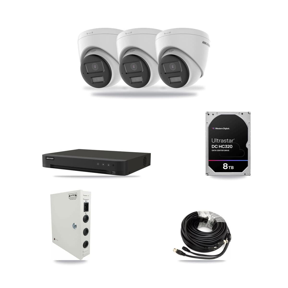 Hikvision 8-Channel 4K CCTV Kit — 3 DS-2CE78U0T-LPTS Turret Cameras + 8TB Recording (IDS-7208HUHI-M1/XT Recorder) - Image 1
