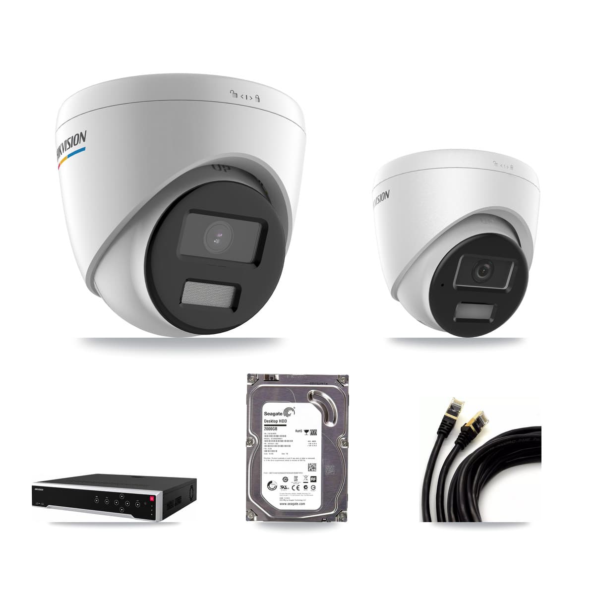 Hikvision 32-channel CCTV kit: 2 cameras (1× 2MP Turret + 1× 4MP Turret), 2TB hard drive