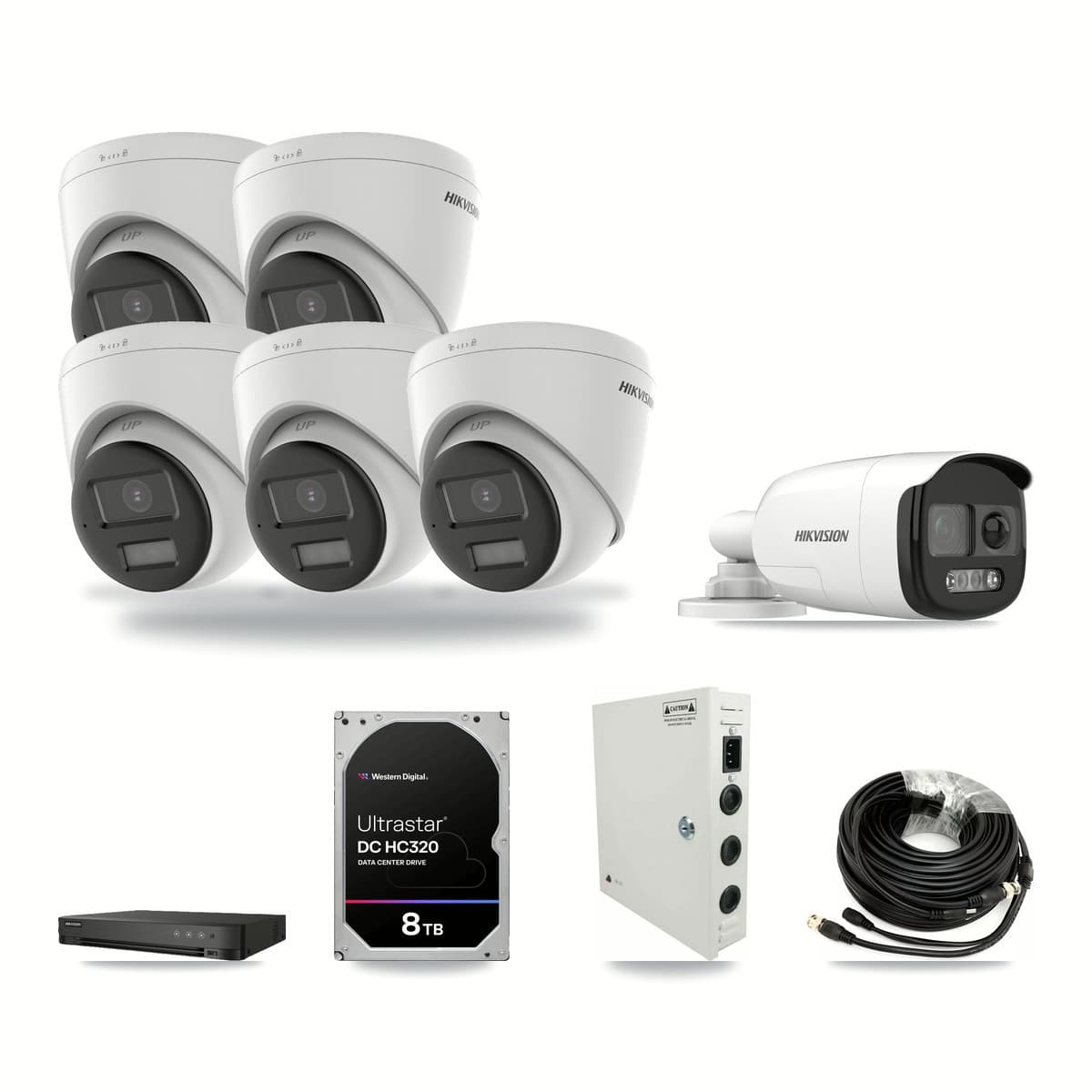 Hikvision 8-channel CCTV kit: 6 cameras (5× 5MP Turret + 1× 5MP Bullet), 8TB hard drive