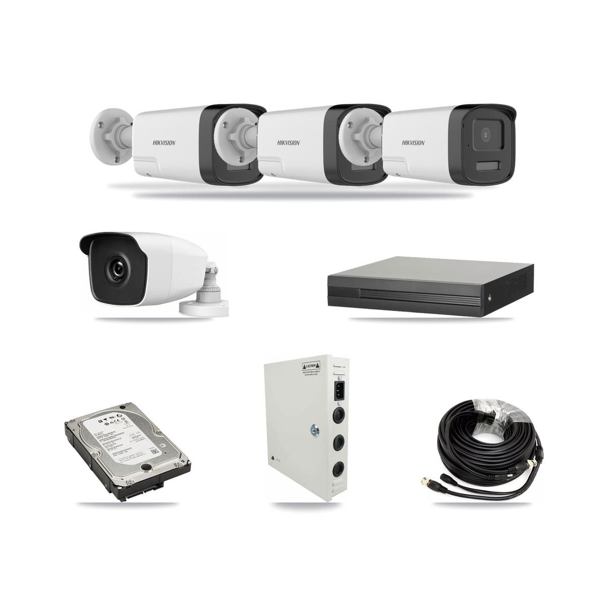 4-channel CCTV kit: 4 cameras (3× 5MP Bullet + 1× 3MP Bullet), 5TB hard drive