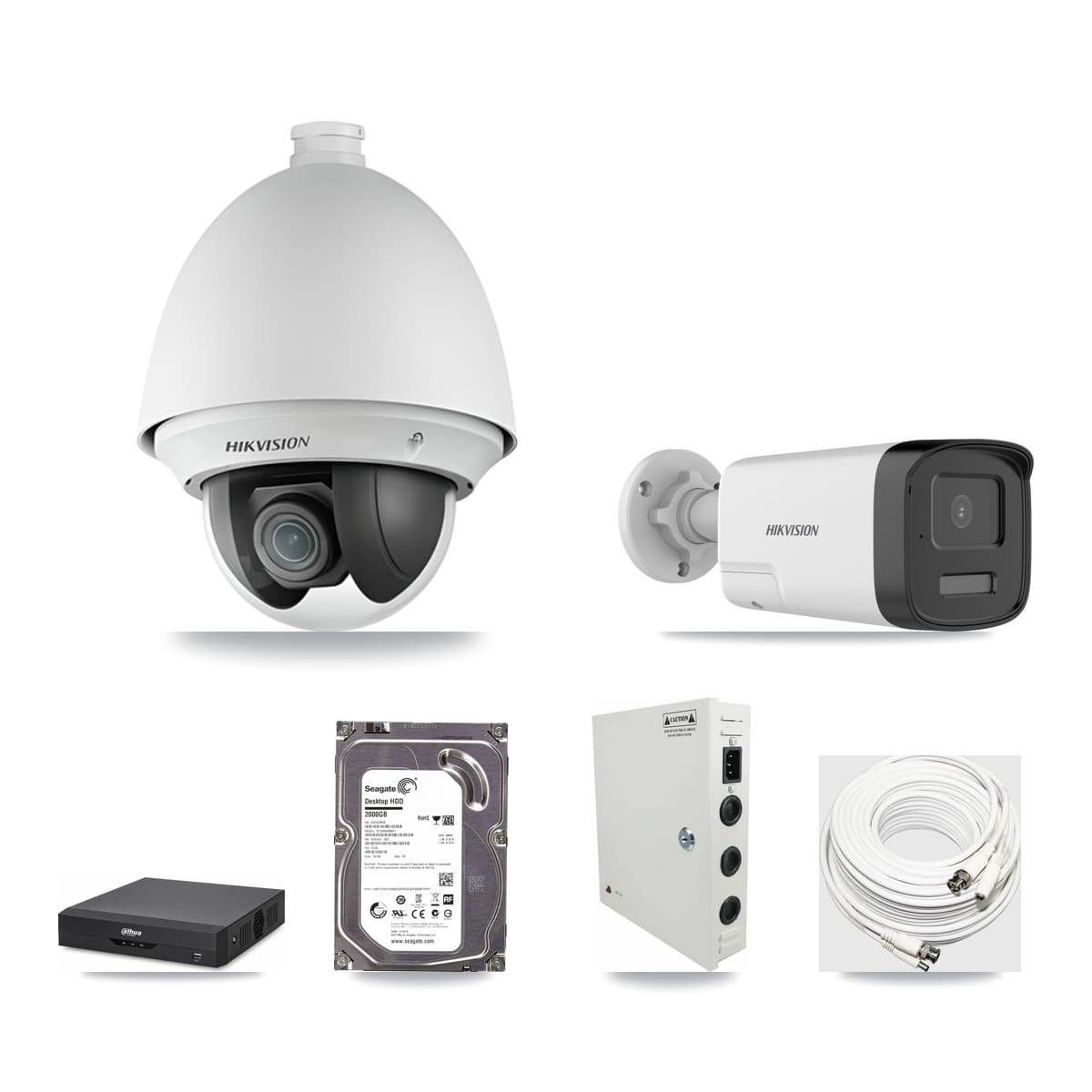 Hikvision & Dahua 4-Channel 2MP – 5MP CCTV Kit — 1 DS-2AE4225T 2MP PTZ + 1 DS-2CE17K0T 5MP Bullet Cameras + 2TB Recording - Image 1