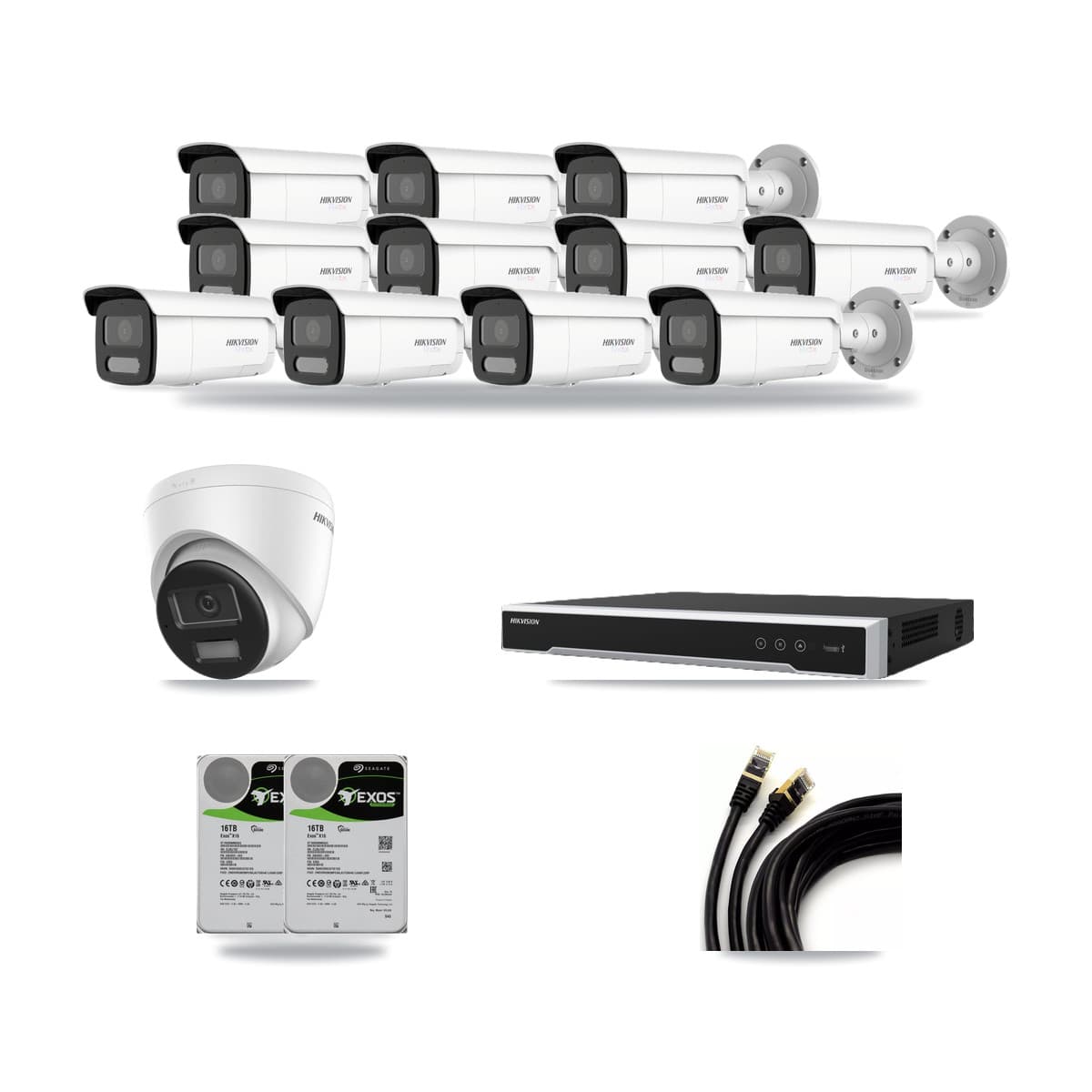 Hikvision 16-channel CCTV kit: 12 cameras (11× 4K Bullet + 1× 4K Turret), 2× 16TB hard drive