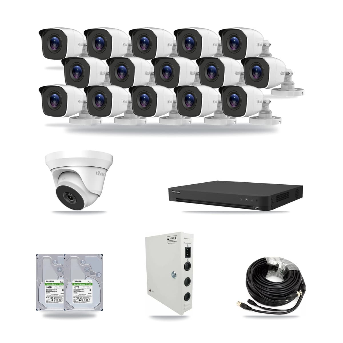 Hikvision 16-channel CCTV kit: 16 cameras (15× 4MP Bullet + 1× 5MP Turret), 2× 10TB hard drive