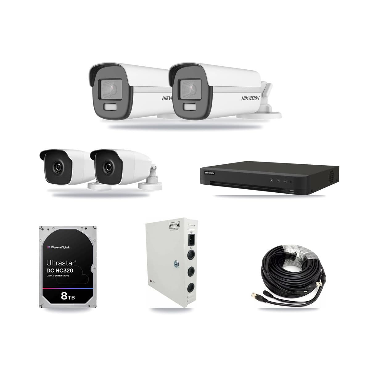 Hikvision 8-channel CCTV kit: 4 cameras (2× 4K Bullet + 2× 3MP Bullet), 8TB hard drive