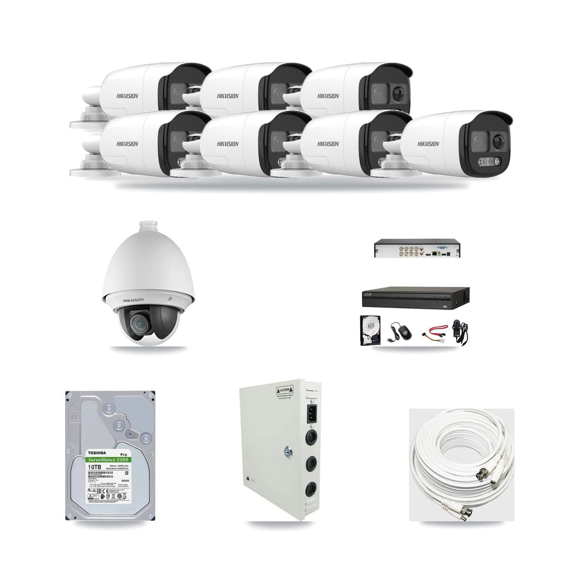 Dahua 8-channel CCTV kit: 8 cameras (7× 5MP Bullet + 1× 2MP PTZ), 10TB hard drive