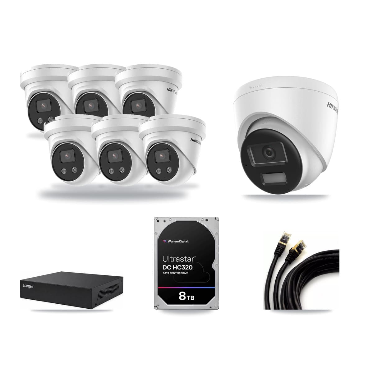 Longse 8-channel CCTV kit: 7 cameras (6× 5MP Turret + 1× 4K Turret), 8TB hard drive