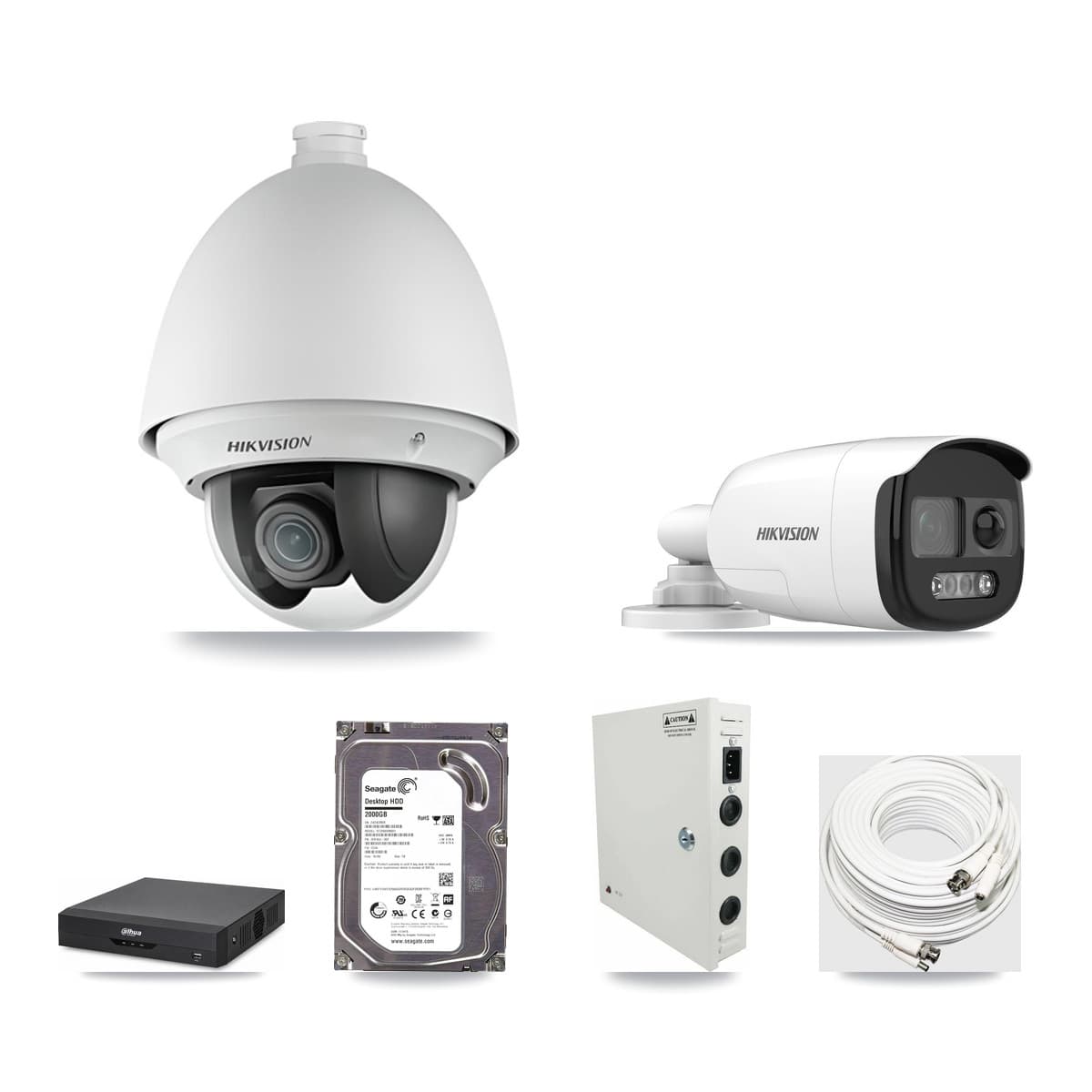 Hikvision & Dahua 4-Channel 2MP – 5MP CCTV Kit — 1 DS-2AE4225T 2MP PTZ + 1 DS-2CE12KF3T 5MP Bullet Cameras + 2TB Recording - Image 1