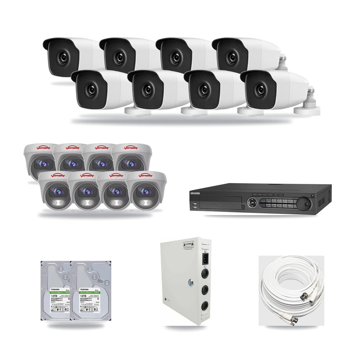 32-Channel 3MP – 5MP CCTV Kit — 8 3MP Bullet + 8 White 5MP Cameras + 2× 10TB Recording (DS-7332HQHI Recorder) - Image 1