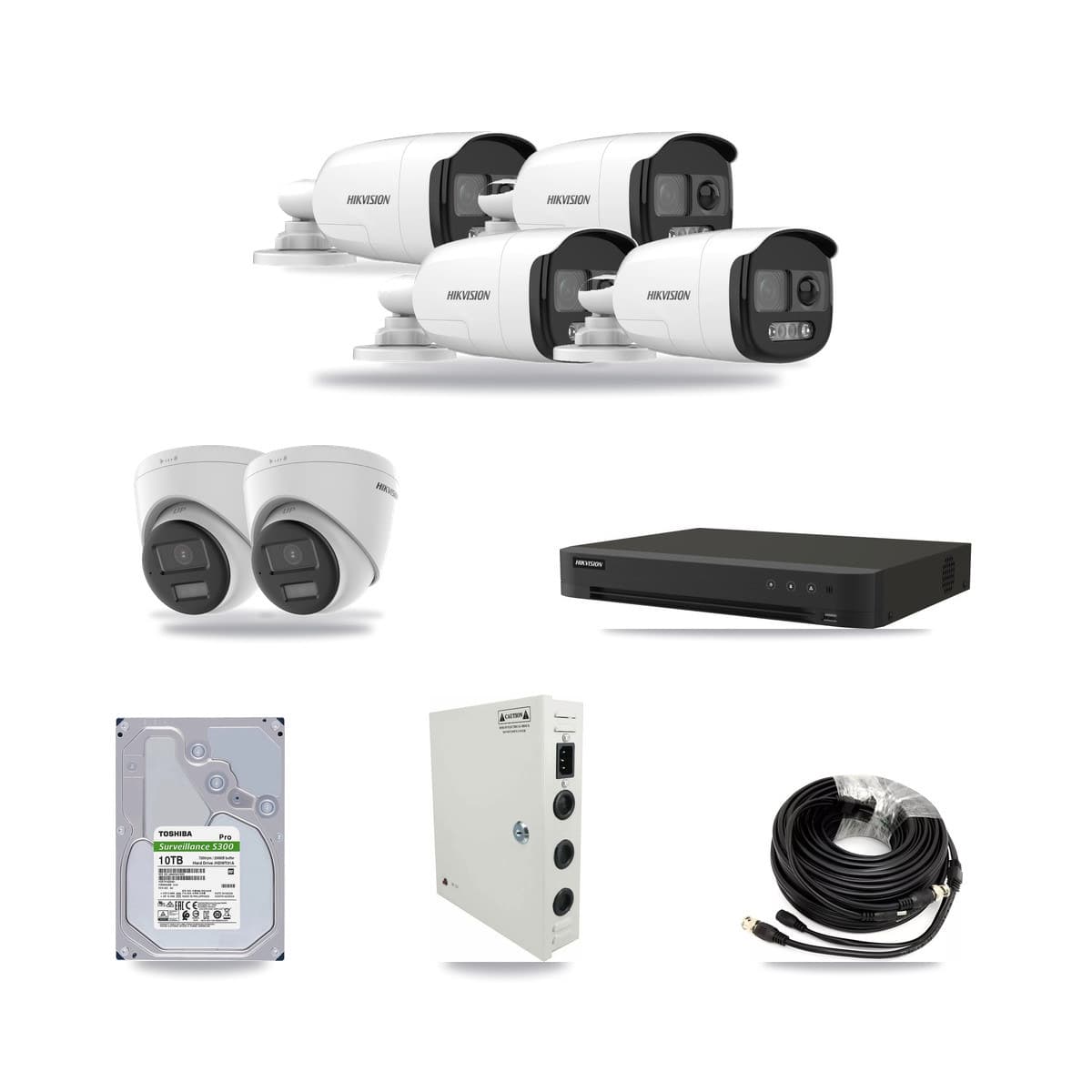 Hikvision 8-channel CCTV kit: 6 cameras (4× 5MP Bullet + 2× 4K Turret), 10TB hard drive