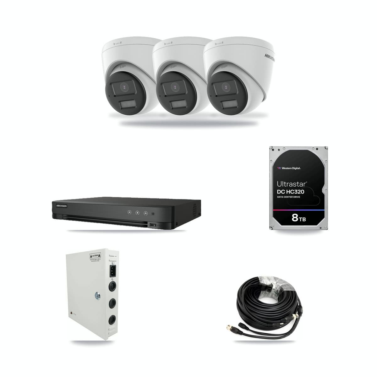 Hikvision 8-Channel 4K CCTV Kit — 3 DS-2CE78U0T-LPTS Turret Cameras + 8TB Recording (IDS-7208HUHI-M1/E Recorder) - Image 1