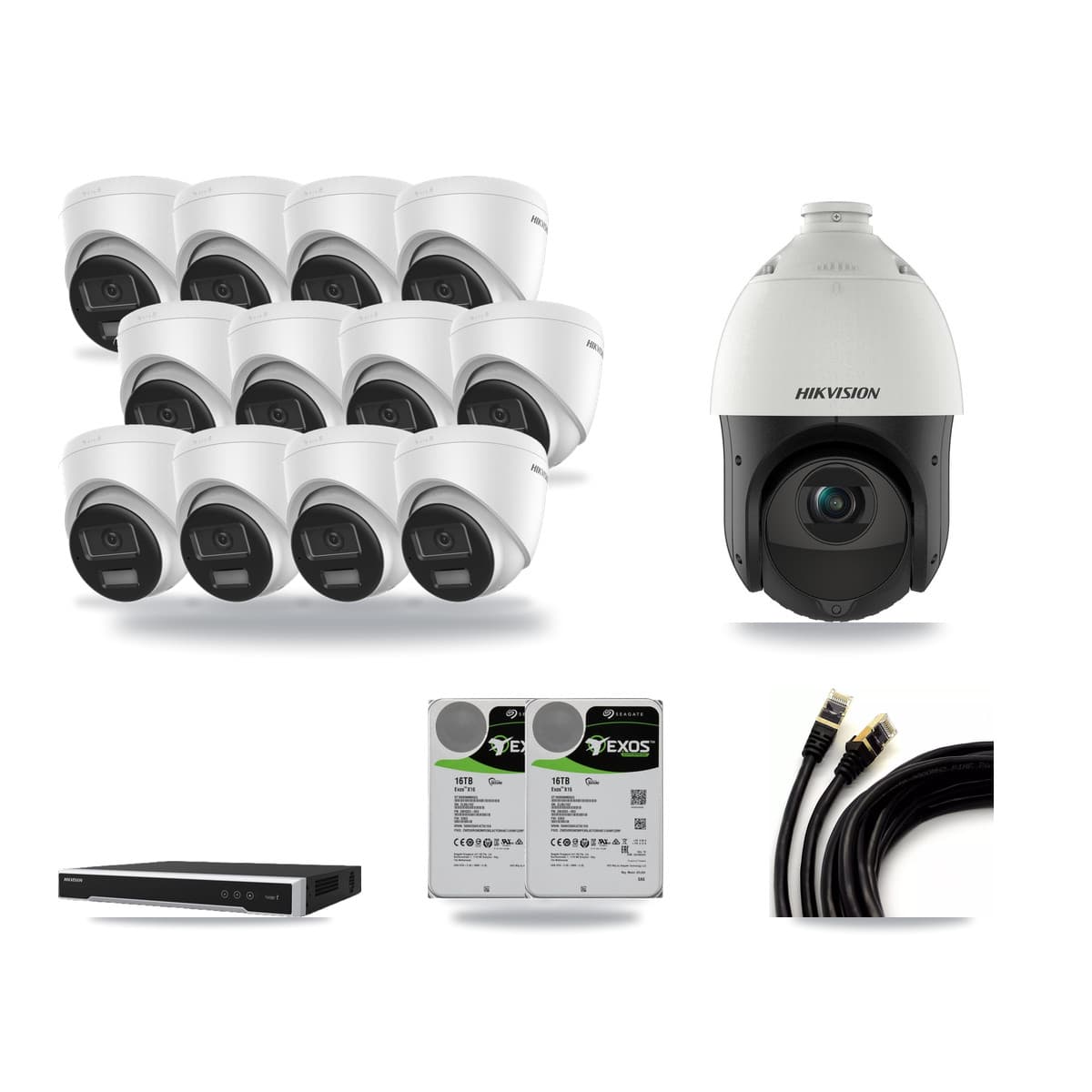 Hikvision 16-channel CCTV kit: 13 cameras (12× 4K Turret + 1× 4MP PTZ), 2× 16TB hard drive