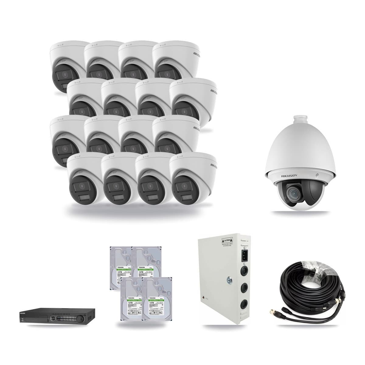 Hikvision 32-channel CCTV kit: 17 cameras (16× 4K Turret + 1× 2MP PTZ), 4× 10TB hard drive
