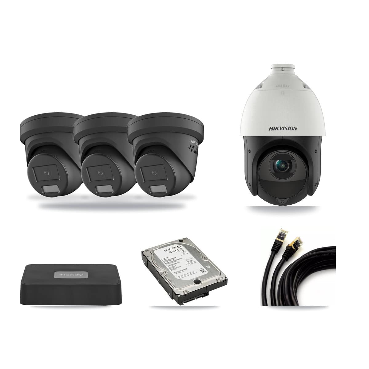 Tiandy 4-channel CCTV kit: 4 cameras (3× 4MP Turret + 1× 4MP PTZ), 5TB hard drive