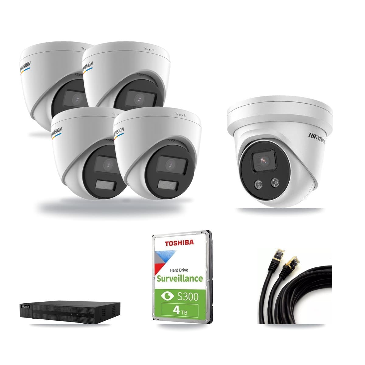 HiLook 8-channel CCTV kit: 5 cameras (4× 2MP Turret + 1× 5MP Turret), 4TB hard drive