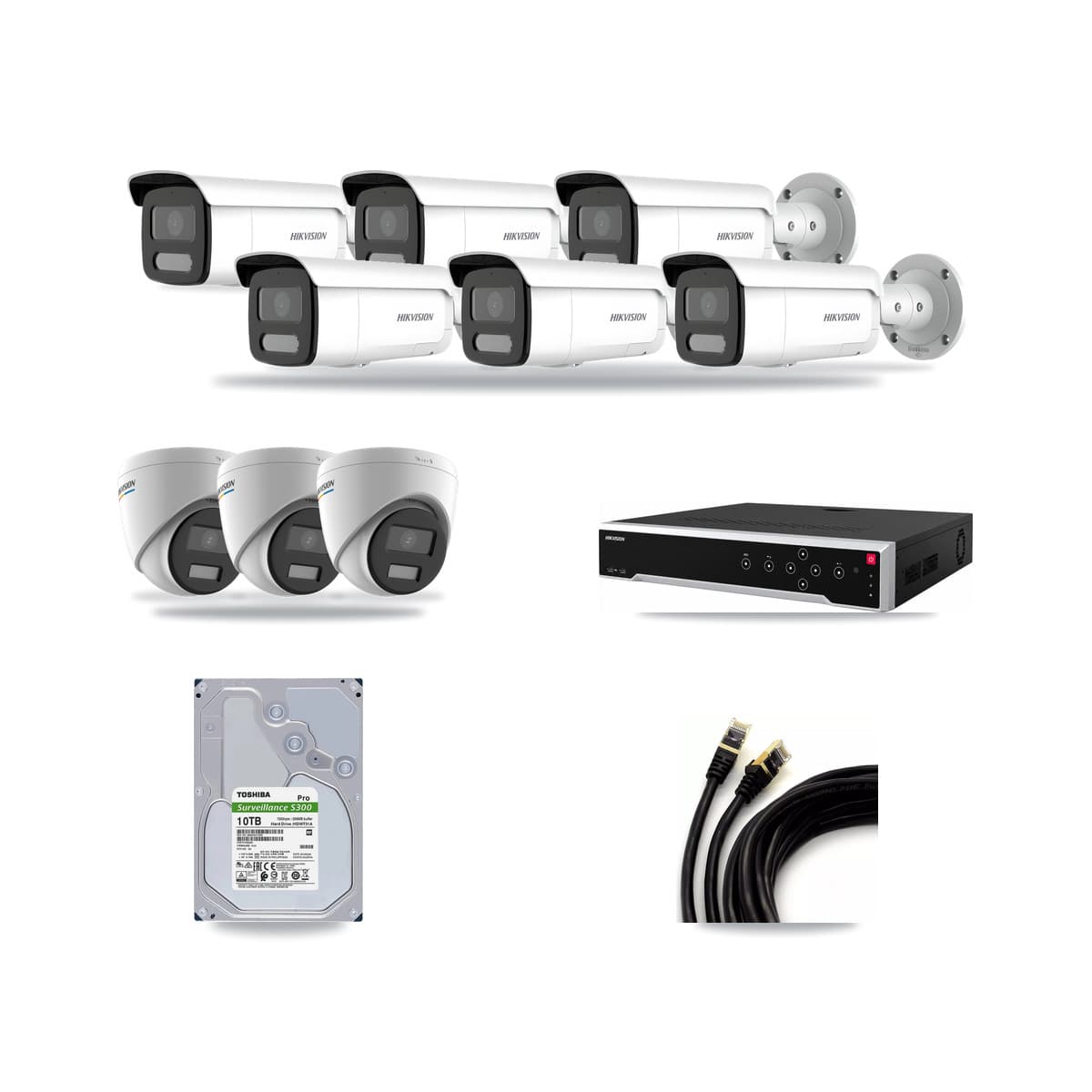 Hikvision 32-channel CCTV kit: 9 cameras (6× 4MP Bullet + 3× 2MP Turret), 10TB hard drive